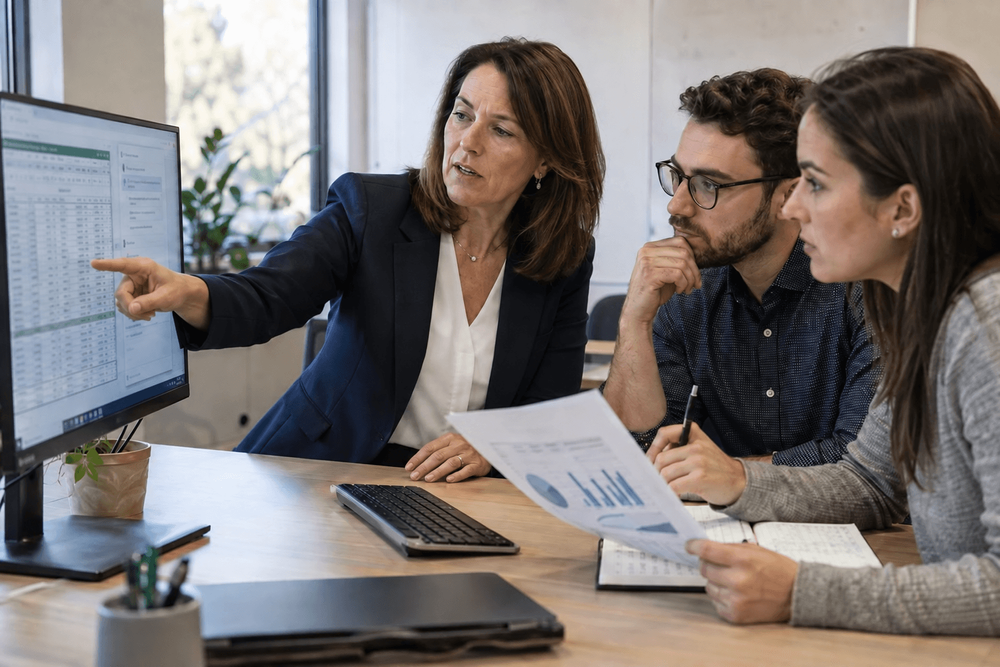 An instructor guiding two finance professionals through a spreadsheet and AI-assisted analysis.