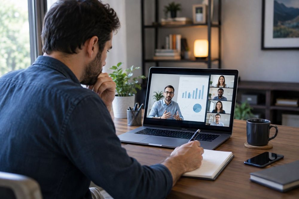 A professional attending a live online finance webinar with an instructor and other participants visible on a laptop.