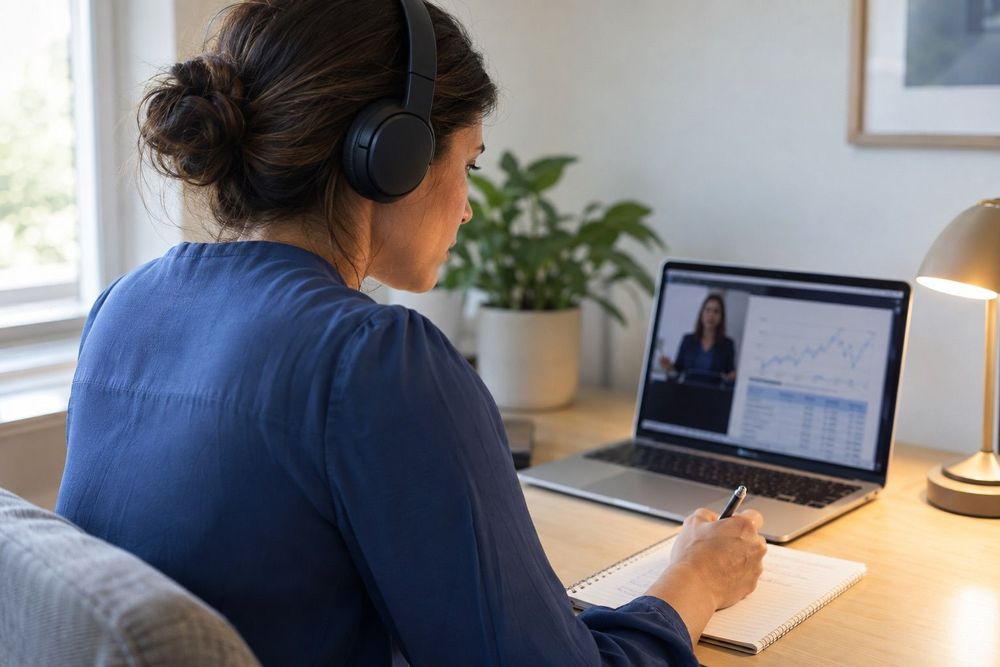 A professional wearing headphones and taking notes during an on-demand finance lesson on a laptop.